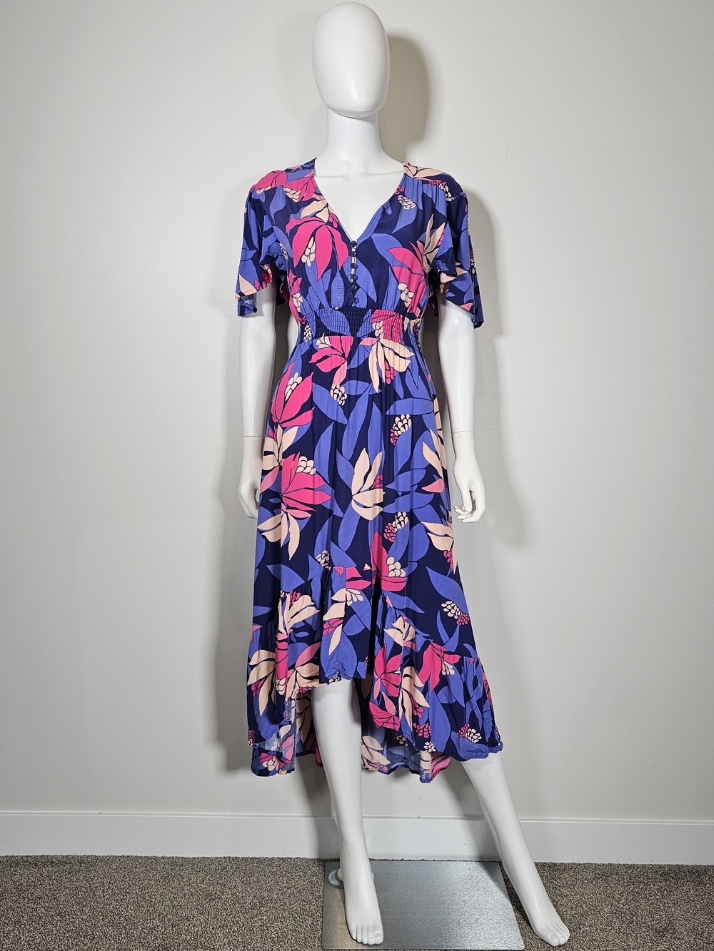 Abel the Label Floral V-Neck High-Low Dress in Navy, Pink & Cream Sz XS